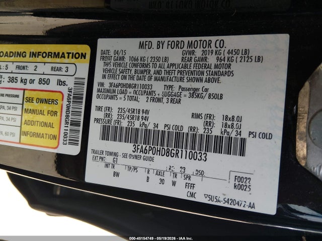 2016 Ford Fusion Se მანქანა იყიდება აუქციონზე, vin: 3FA6P0HD8GR110033, აუქციონის ნომერი: 45154749