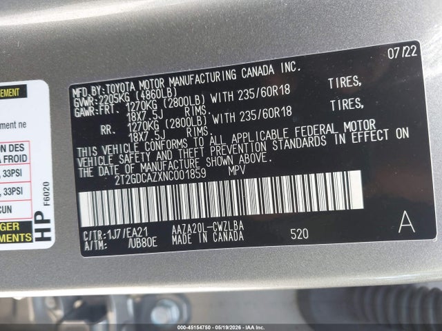 Aukcja sprzedaży 2022 Lexus Nx 250 Premium, vin: 2T2GDCAZXNC001859, numer aukcji: 45154750