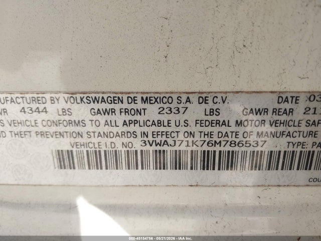 Aukcja sprzedaży 2006 Volkswagen Jetta 2.0t, vin: 3VWAJ71K76M786537, numer aukcji: 45154756