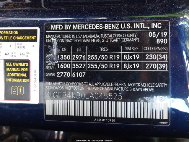 Aukcja sprzedaży 2020 Mercedes-benz Gle 350 4matic, vin: 4JGFB4KB0LA045525, numer aukcji: 45154761