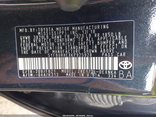 Продажа на аукционе авто 2019 Toyota Corolla Le, vin: 5YFBURHEXKP925928, номер лота: 45154765