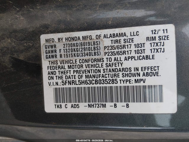 Aukcja sprzedaży 2012 Honda Odyssey Ex-l, vin: 5FNRL5H63CB035285, numer aukcji: 45154776