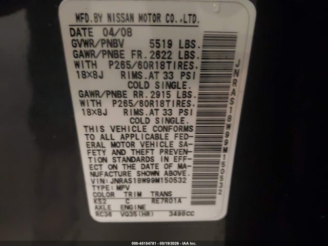Продаж на аукціоні авто 2009 Infiniti Fx35, vin: JNRAS18W99M150532, номер лоту: 45154781