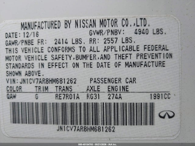 Auction sale of the 2017 Infiniti Q50 2.0t Base, vin: JN1CV7AR8HM681262, lot number: 45154783