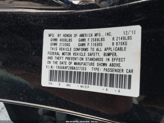 45154784 :رقم المزاد ، 19UUA8F29BA007355 vin ، 2011 Acura Tl 3.5 مزاد بيع