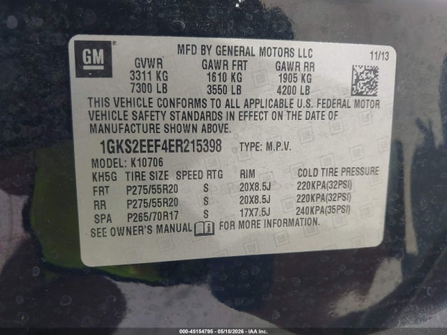 45154795 :رقم المزاد ، 1GKS2EEF4ER215398 vin ، 2014 Gmc Yukon Denali مزاد بيع
