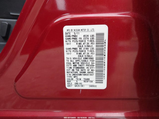 Продажа на аукционе авто 2011 Nissan Rogue Sv, vin: JN8AS5MV1BW301687, номер лота: 45154800