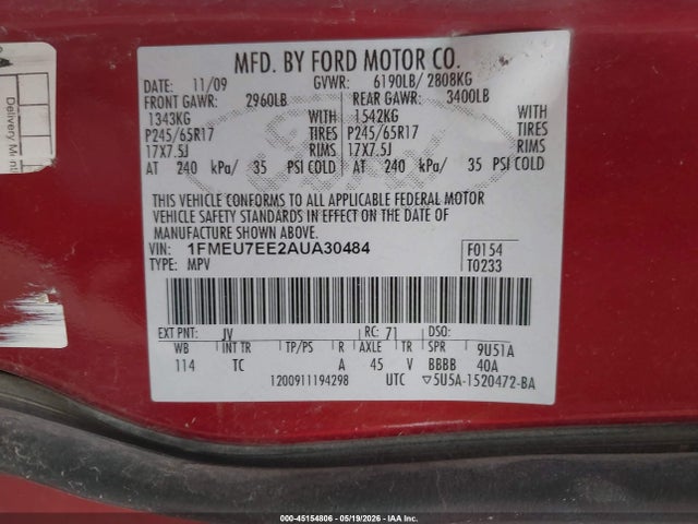 45154806 :رقم المزاد ، 1FMEU7EE2AUA30484 vin ، 2010 Ford Explorer Eddie Bauer مزاد بيع