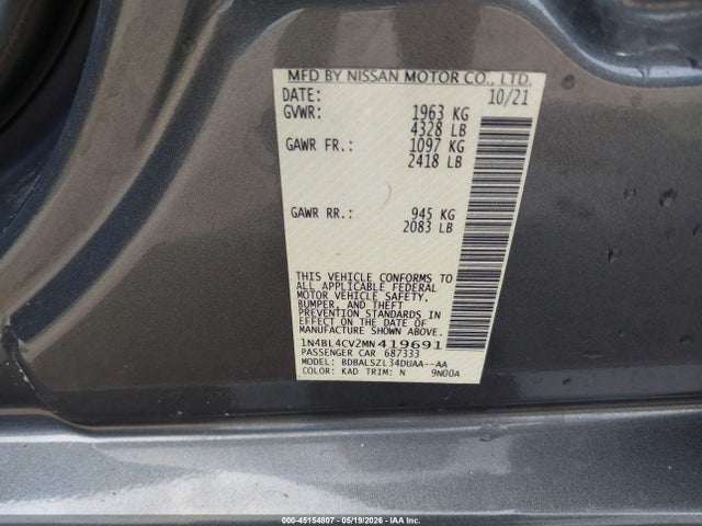 Aukcja sprzedaży 2021 Nissan Altima Sr Fwd, vin: 1N4BL4CV2MN419691, numer aukcji: 45154807