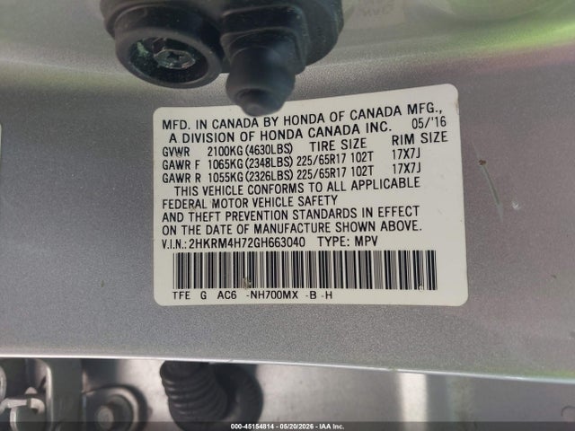 2016 Honda Cr-v Ex-l მანქანა იყიდება აუქციონზე, vin: 2HKRM4H72GH663040, აუქციონის ნომერი: 45154814