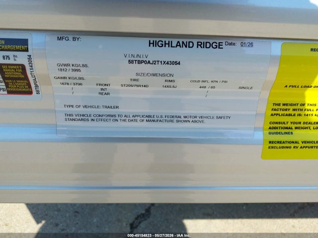 2026 Highland Ridge Go Play მანქანა იყიდება აუქციონზე, vin: 58TBP0AJ2T1X43054, აუქციონის ნომერი: 45154823