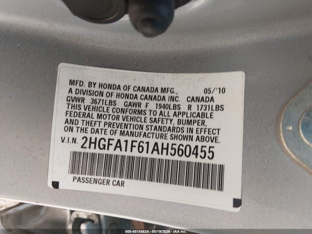 Aukcja sprzedaży 2010 Honda Civic Lx-s, vin: 2HGFA1F61AH560455, numer aukcji: 45154824