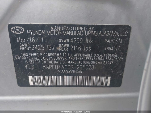Aukcja sprzedaży 2011 Hyundai Sonata Gls, vin: 5NPEB4AC0BH265328, numer aukcji: 45154836