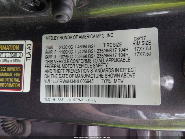 Auction sale of the 2017 Honda Cr-v Lx, vin: 5J6RW6H34HL006945, lot number: 45154841
