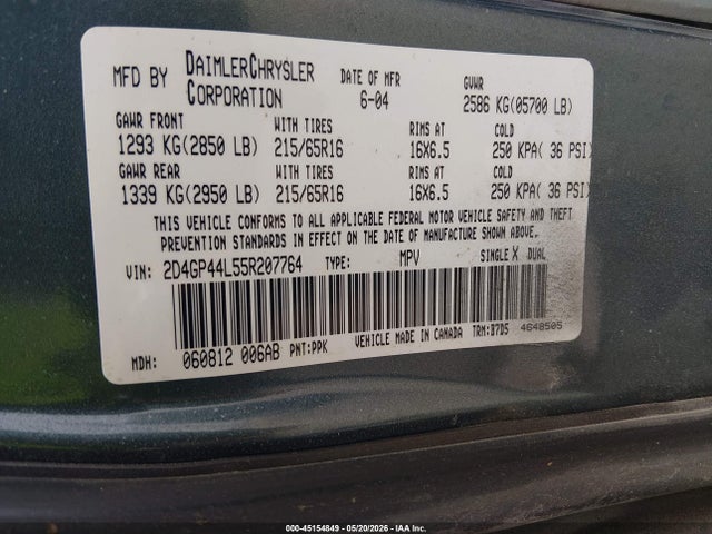 45154849 :رقم المزاد ، 2D4GP44L55R207764 vin ، 2005 Dodge Grand Caravan Sxt مزاد بيع