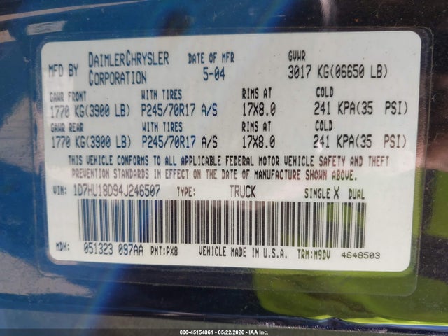 45154861 :رقم المزاد ، 1D7HU18D94J246507 vin ، 2004 Dodge Ram 1500 Slt/laramie مزاد بيع