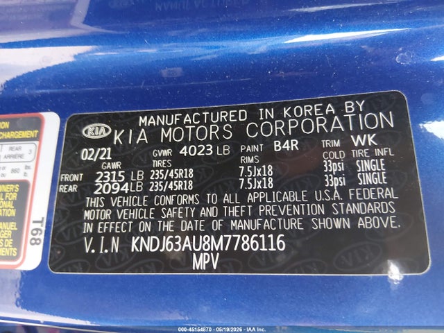 Aukcja sprzedaży 2021 Kia Soul Gt-line, vin: KNDJ63AU8M7786116, numer aukcji: 45154870