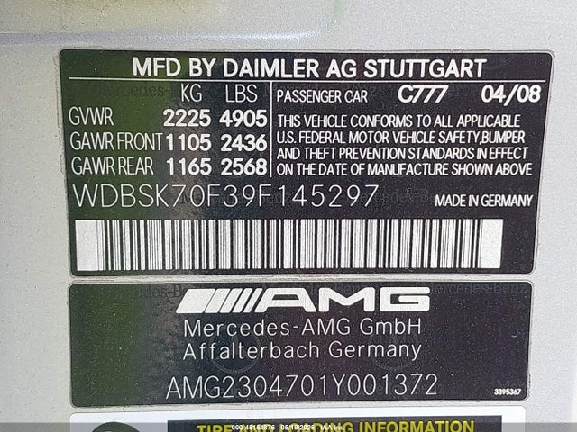 2009 Mercedes-benz Sl 63 Amg მანქანა იყიდება აუქციონზე, vin: WDBSK70F39F145297, აუქციონის ნომერი: 45154876
