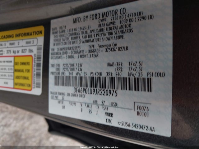 Aukcja sprzedaży 2018 Ford Fusion Hybrid Se, vin: 3FA6P0LU9JR220975, numer aukcji: 45154879