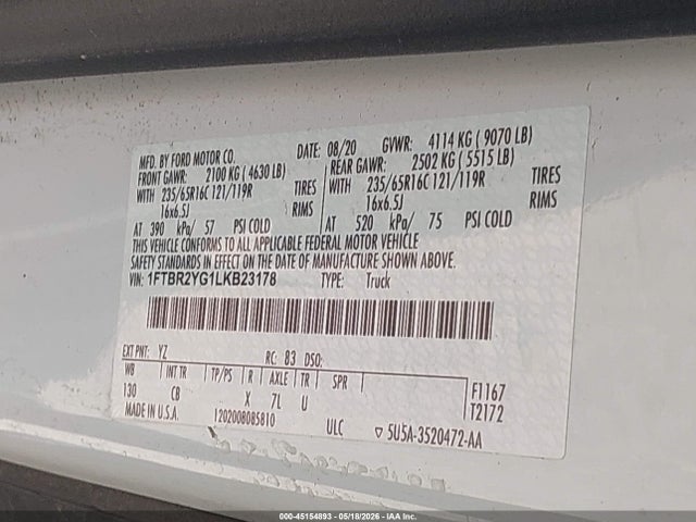 Aukcja sprzedaży 2020 Ford Transit-250, vin: 1FTBR2YG1LKB23178, numer aukcji: 45154893