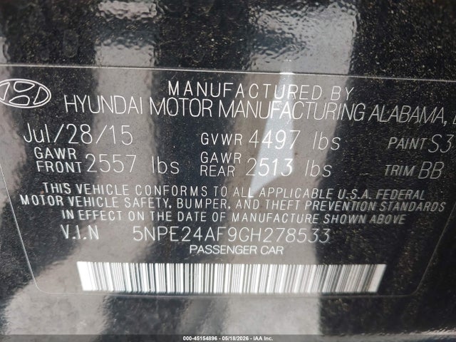 Aukcja sprzedaży 2016 Hyundai Sonata Se, vin: 5NPE24AF9GH278533, numer aukcji: 45154896