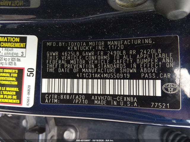 Aukcja sprzedaży 2021 Toyota Camry Le Hybrid, vin: 4T1C31AK4MU550919, numer aukcji: 45154897