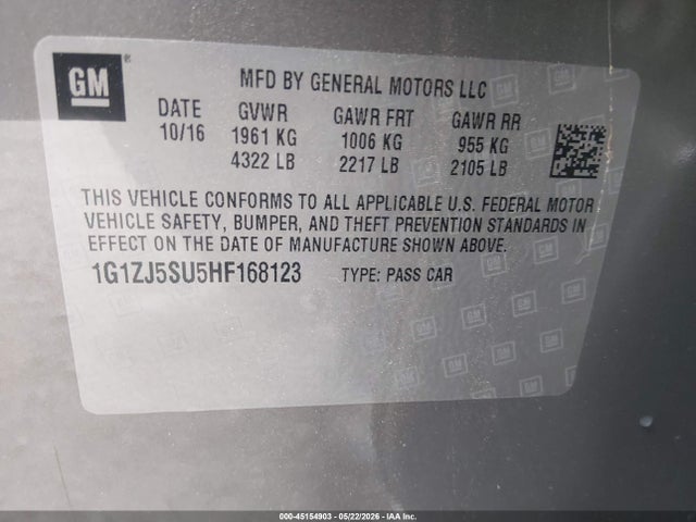 45154903 :رقم المزاد ، 1G1ZJ5SU5HF168123 vin ، 2017 Chevrolet Malibu Hybrid مزاد بيع