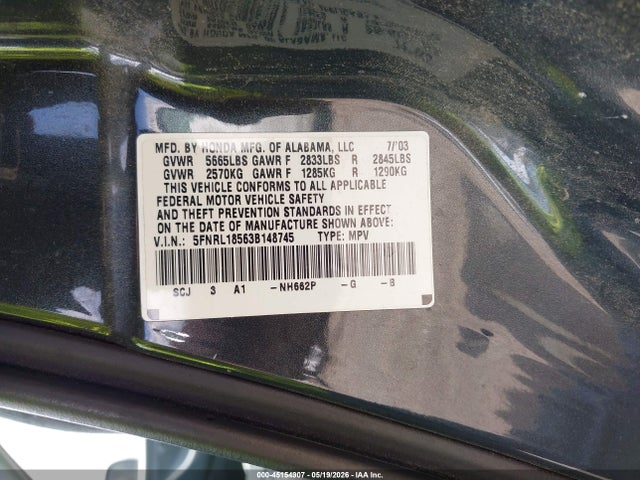 45154907 :رقم المزاد ، 5FNRL18563B148745 vin ، 2003 Honda Odyssey Lx مزاد بيع
