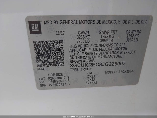 Продаж на аукціоні авто 2018 Chevrolet Silverado 1500 1lt, vin: 3GCUKREC8JG225007, номер лоту: 45154909