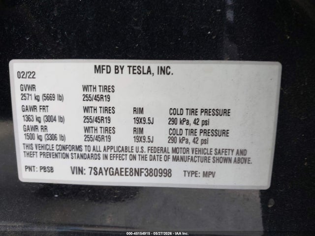 7SAYGAEE8NF380998 Tesla Model Y Long Range Dual Motor All-wheel Drive