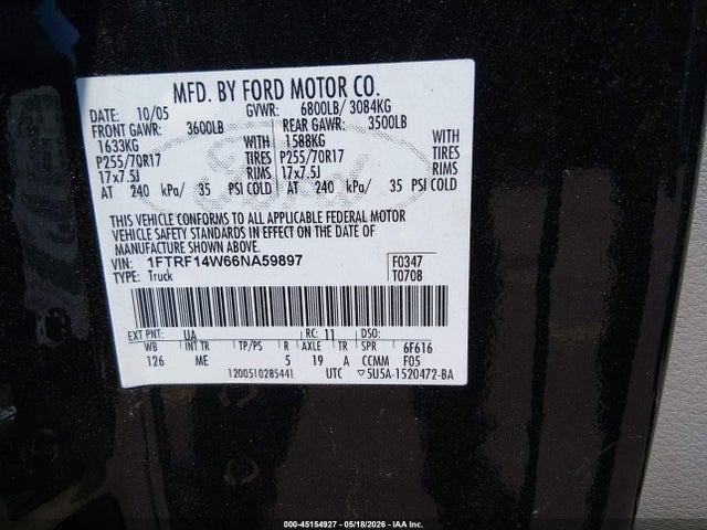 Aukcja sprzedaży 2006 Ford F-150 Stx/xl/xlt, vin: 1FTRF14W66NA59897, numer aukcji: 45154927