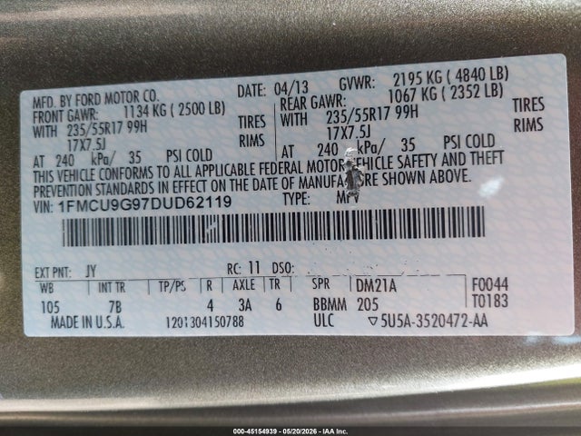 45154939 :رقم المزاد ، 1FMCU9G97DUD62119 vin ، 2013 Ford Escape Se مزاد بيع