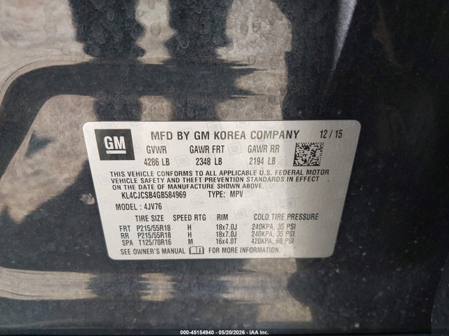 Aukcja sprzedaży 2016 Buick Encore Leather, vin: KL4CJCSB4GB584969, numer aukcji: 45154940
