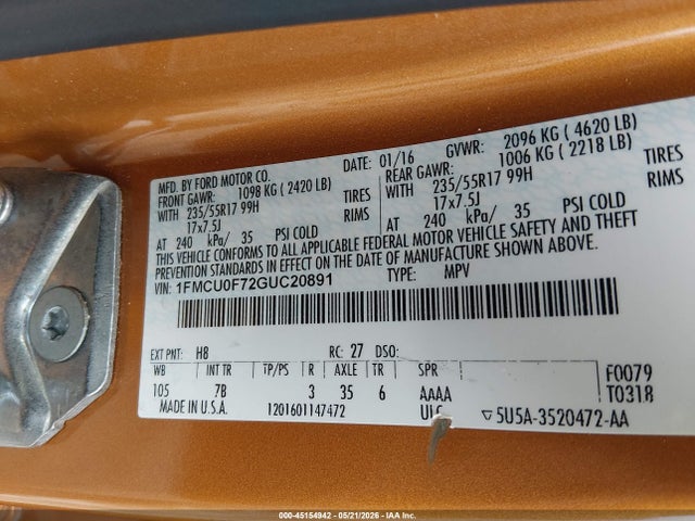 Aukcja sprzedaży 2016 Ford Escape S, vin: 1FMCU0F72GUC20891, numer aukcji: 45154942