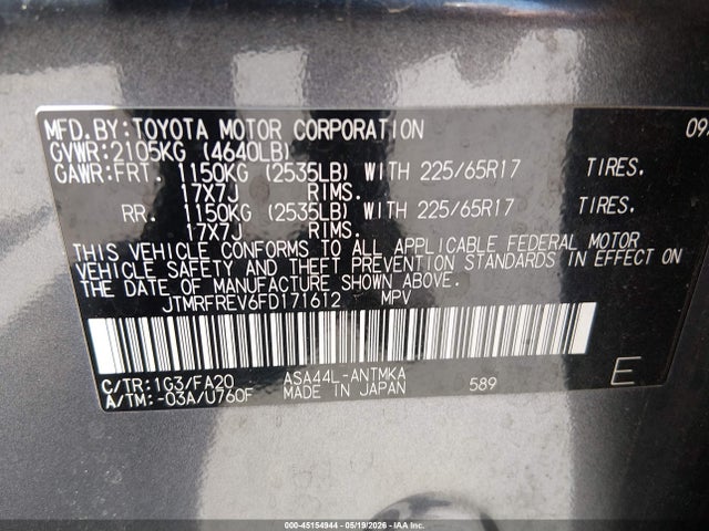Aukcja sprzedaży 2015 Toyota Rav4 Xle, vin: JTMRFREV6FD171612, numer aukcji: 45154944