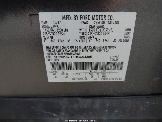 45154946 :رقم المزاد ، 1FM5K8GT3HGC04305 vin ، 2017 Ford Explorer Sport مزاد بيع