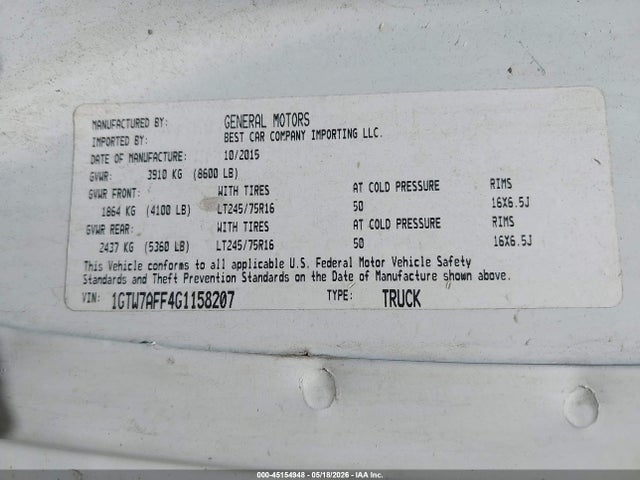Aukcja sprzedaży 2016 Gmc Savana 2500 1wt, vin: 1GTW7AFF4G1158207, numer aukcji: 45154948