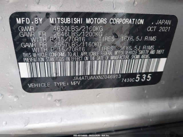 45154950 :رقم المزاد ، JA4ATUAAXNZ046913 vin ، 2022 Mitsubishi Eclipse Cross Es S-awc مزاد بيع