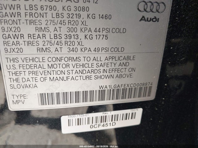 45154952 :رقم المزاد ، WA1LGAFEXCD008874 vin ، 2012 Audi Q7 3.0t Premium مزاد بيع