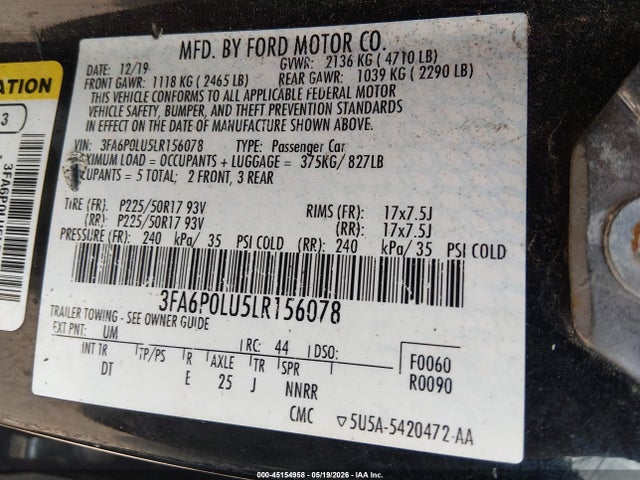 Продажа на аукционе авто 2020 Ford Fusion Hybrid Se, vin: 3FA6P0LU5LR156078, номер лота: 45154958