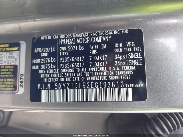 Aukcja sprzedaży 2014 Hyundai Santa Fe Sport 2.4l, vin: 5XYZTDLB2EG193613, numer aukcji: 45154959