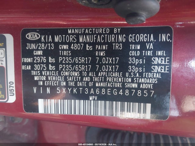 2014 Kia Sorento Lx მანქანა იყიდება აუქციონზე, vin: 5XYKT3A68EG487857, აუქციონის ნომერი: 45154960
