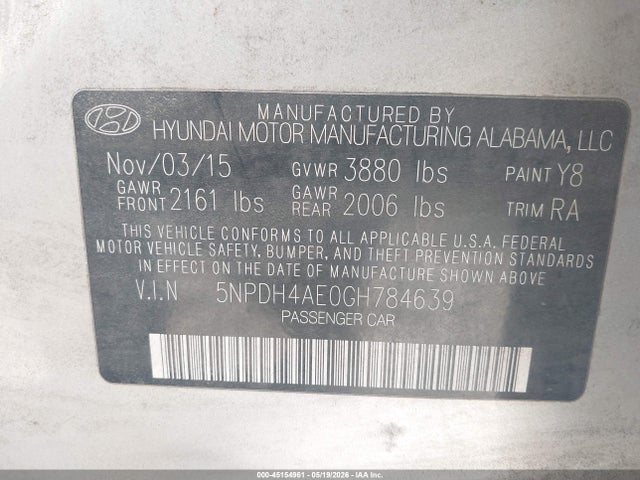 45154961 :رقم المزاد ، 5NPDH4AE0GH784639 vin ، 2016 Hyundai Elantra Se مزاد بيع