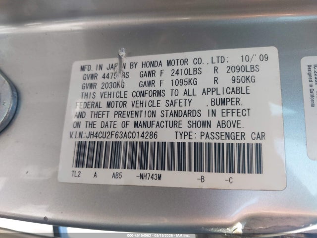 2010 Acura Tsx 2.4 მანქანა იყიდება აუქციონზე, vin: JH4CU2F63AC014286, აუქციონის ნომერი: 45154962