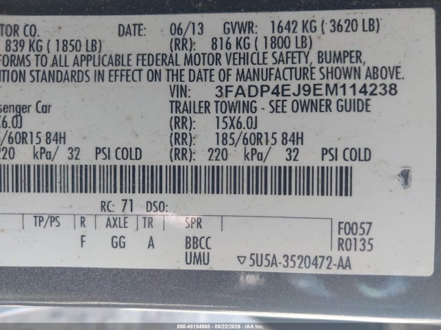45154968 :رقم المزاد ، 3FADP4EJ9EM114238 vin ، 2014 Ford Fiesta Se مزاد بيع