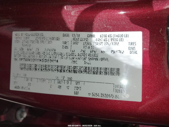Aukcja sprzedaży 2019 Ford F-350 Lariat, vin: 1FT8W3DT5KED50804, numer aukcji: 45154974