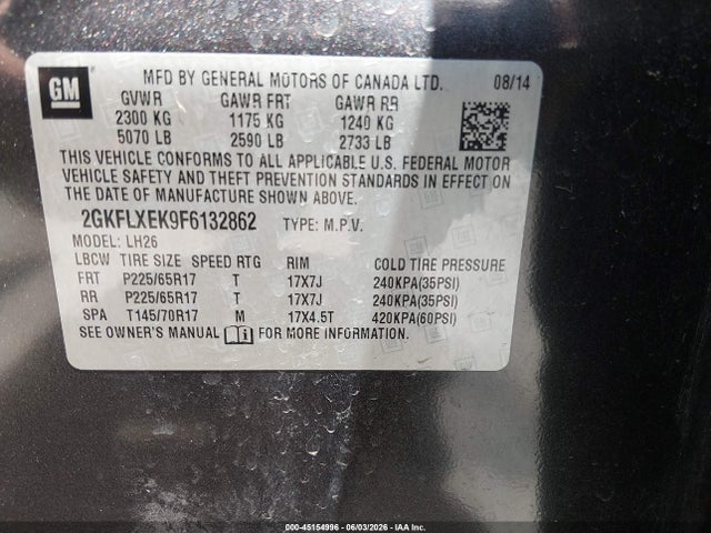 45154996 :رقم المزاد ، 2GKFLXEK9F6132862 vin ، 2015 Gmc Terrain Slt-1 مزاد بيع