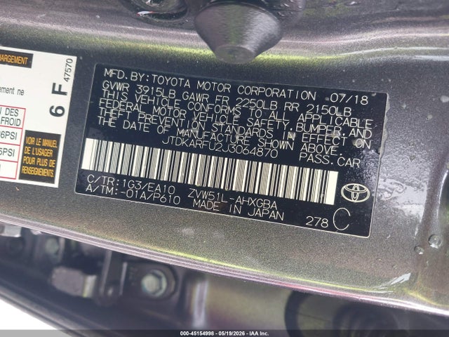 2018 Toyota Prius Four მანქანა იყიდება აუქციონზე, vin: JTDKARFU2J3064870, აუქციონის ნომერი: 45154998