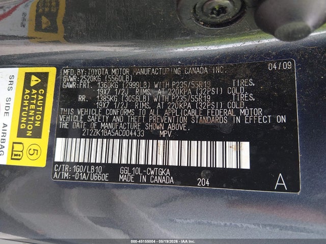 45155004 :رقم المزاد ، 2T2ZK1BA5AC004433 vin ، 2010 Lexus Rx 350 مزاد بيع
