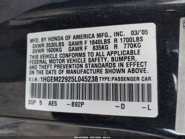2005 Honda Civic Ex მანქანა იყიდება აუქციონზე, vin: 1HGEM22925L045238, აუქციონის ნომერი: 45155005